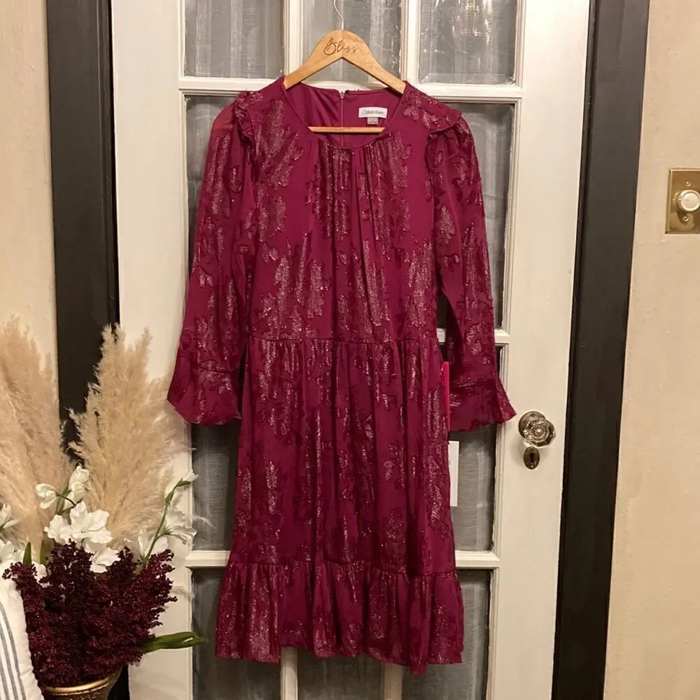 NWT Calvin Klein Burgundy and Silver Metallic Floral Dress